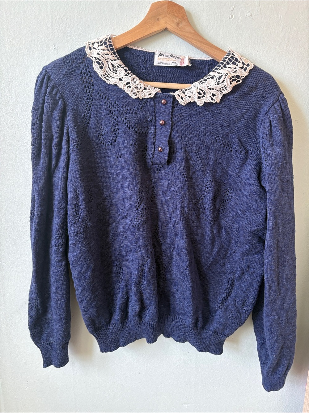 Helena Navy Knit Sweater with Lace Collar